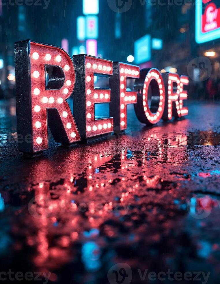 Typography made of liquid chrome, letters reflecting a bustling neon-lit cityscape during a rainy night, creating additional reflections and glimmers in puddles below. photo