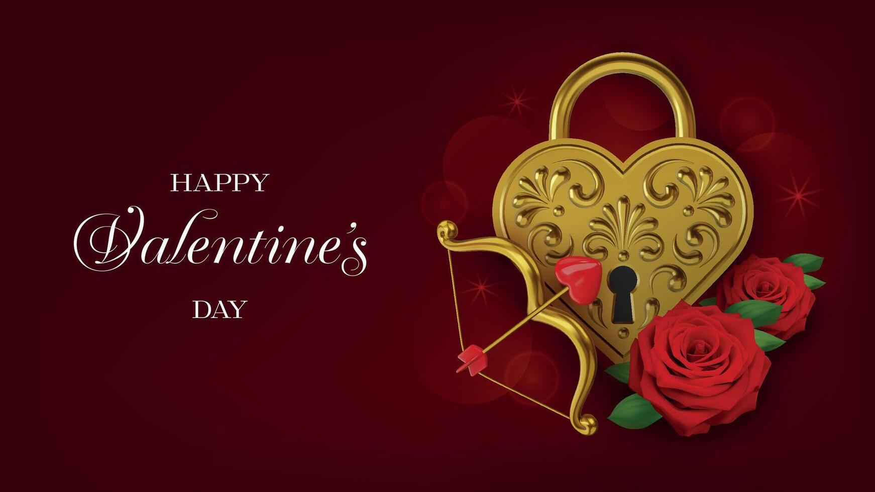valentine's day card with golden 3d padlock, red roses and cupid bow. valentine banner vector