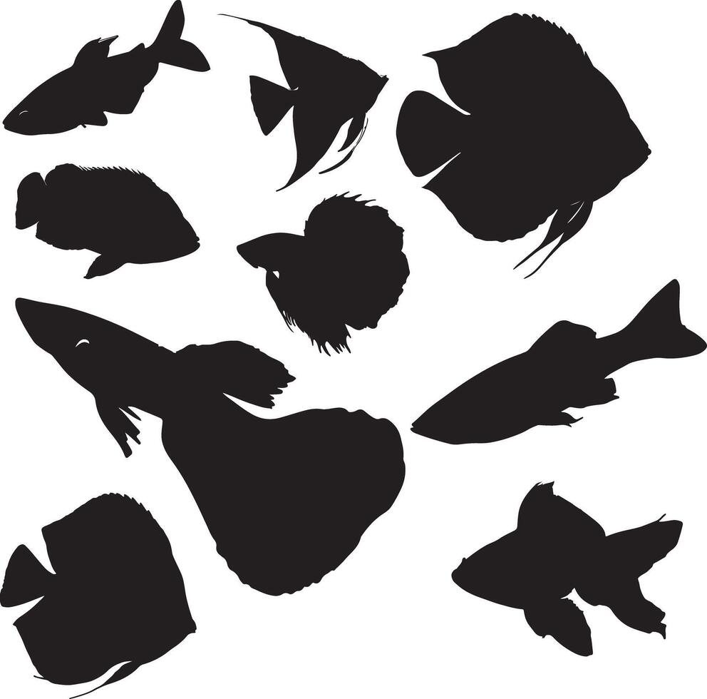 Collection of Black and White Fish Silhouettes A diverse set of fish silhouettes against a plain white background. vector