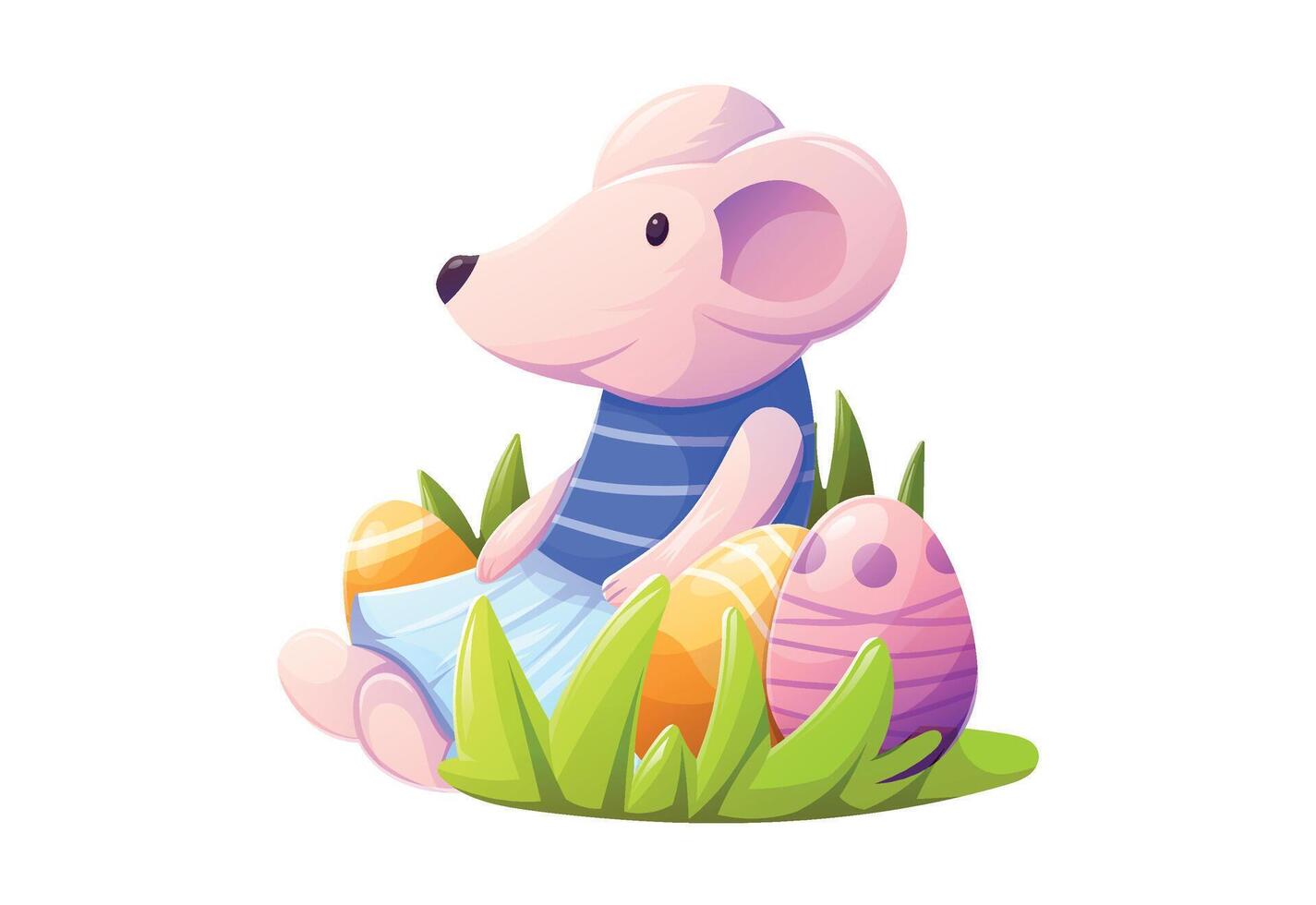 Charming Cartoon Mouse character with Easter Eggs sitting in green grass. Festive Spring isolated Illustration for Kids. Ideal for Holiday Cards, Decor, and Seasonal Projects vector