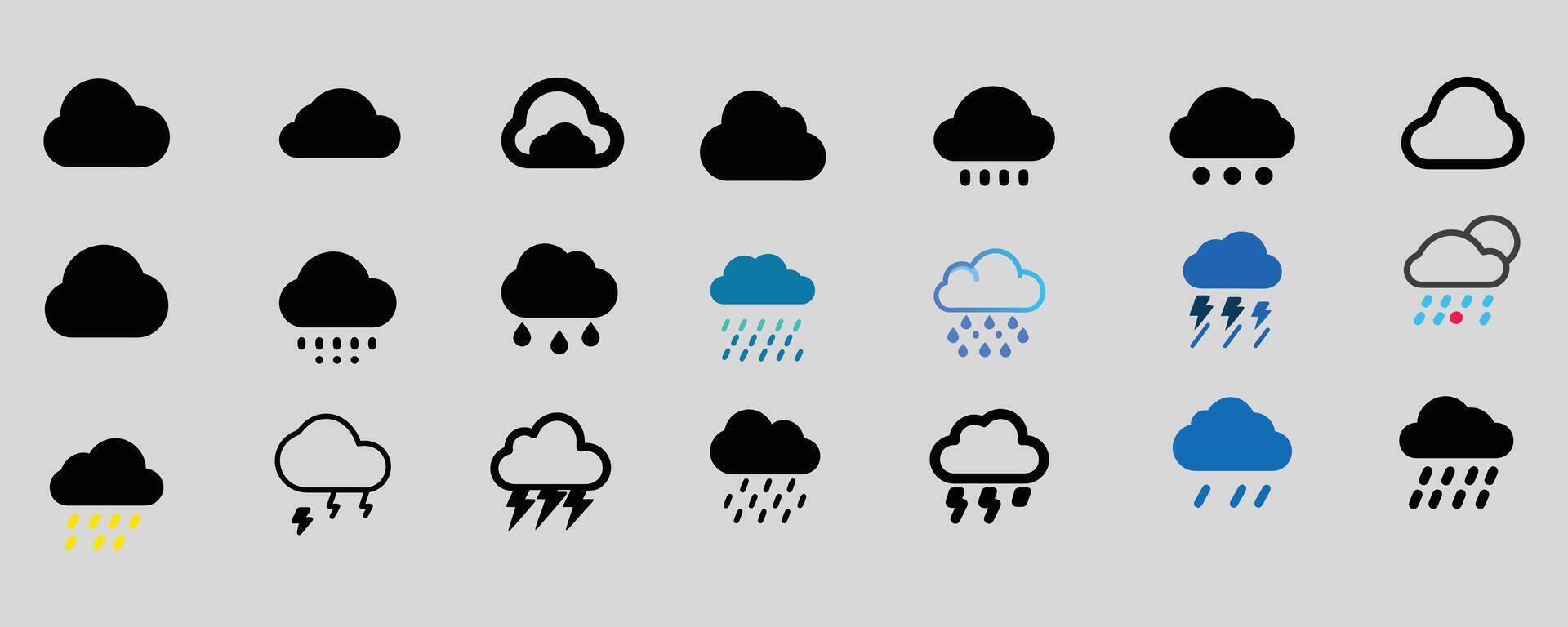 Variety of Cloud and Rain Icons Displaying Diverse Weather Patterns with Impactful Visual Representations vector