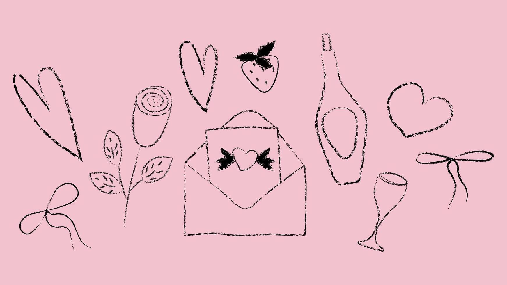 Crayon heart element with scribble chalk line for love day. Hand paint romantic symbol with sketch brush. Cute Valentine drawing doodle icon set. Wine bottle, strawberry, rose, letter and bow graphic. vector