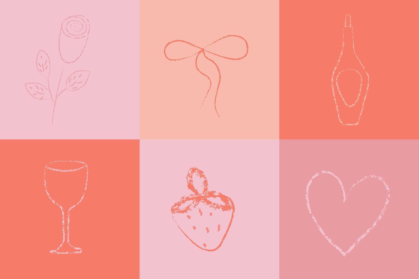 Geometric Valentine day element set. Crayon scribble heart illustration. Grunge hand drawn love, rose and wine romance graphic for decoration. Simple wedding paint brush design with modern tile. vector