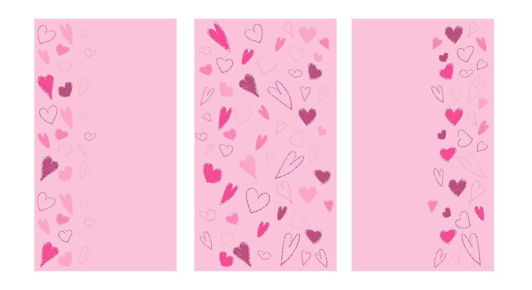 Vertical crayon heart pattern. Valentine stories banner drawn with pastel. Abstract love frame border with charcoal material scratch. 14 February lipstick texture background set. Chalk stroke design. vector