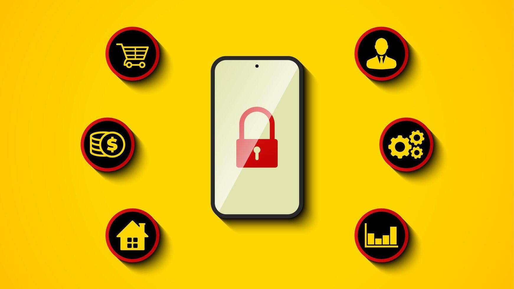The concept of digital security systems, data protection, and privacy. A flat illustration of a smartphone with a padlock symbol on a yellow background vector