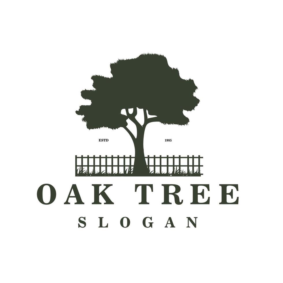 Oak Tree Silhouette Logo with Wooden Fence Logo is suitable for Brands that prioritize Tradition, Nature, and Resilience Values. vector