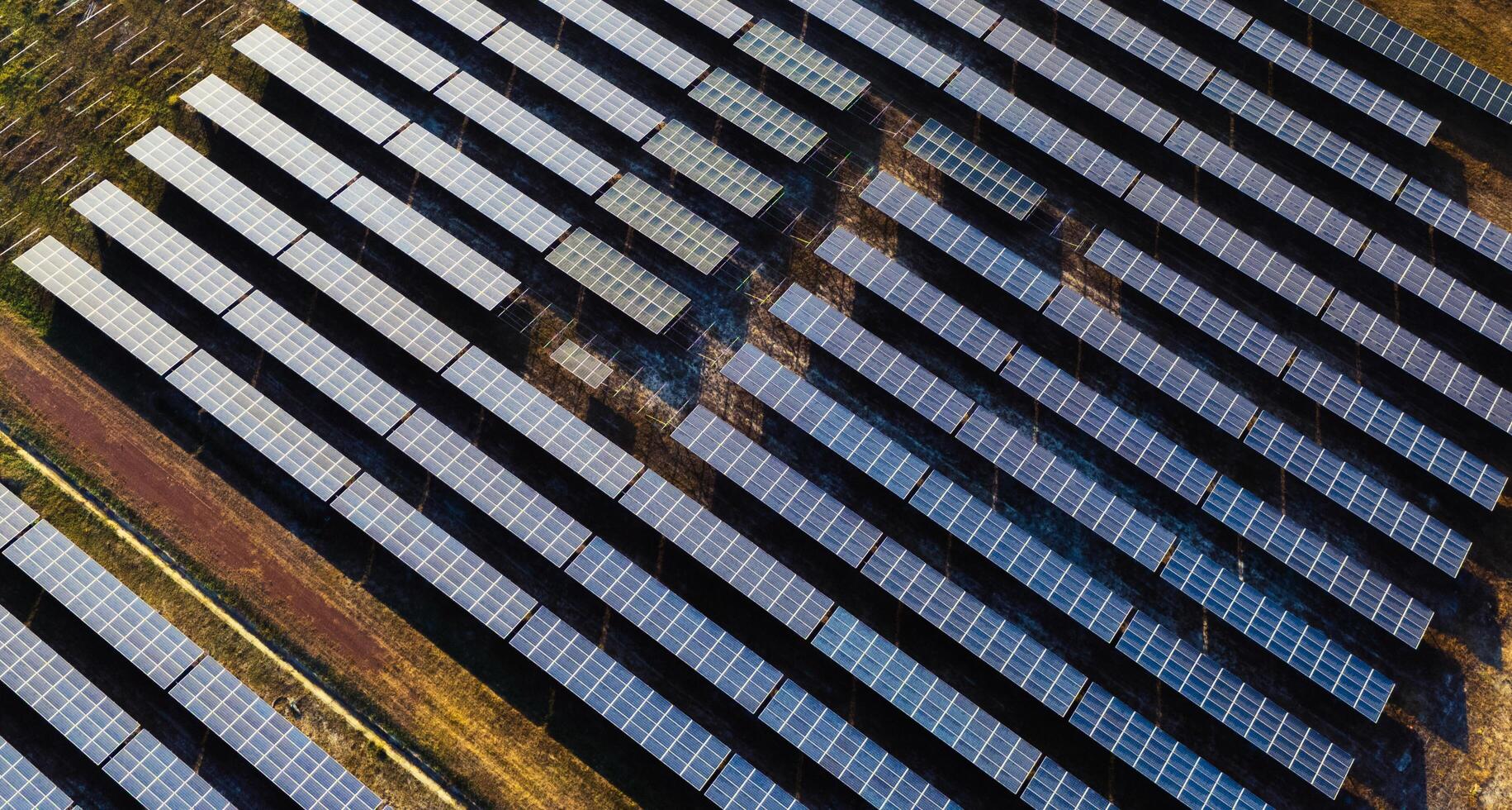 large field of solar panels is shown from above photo