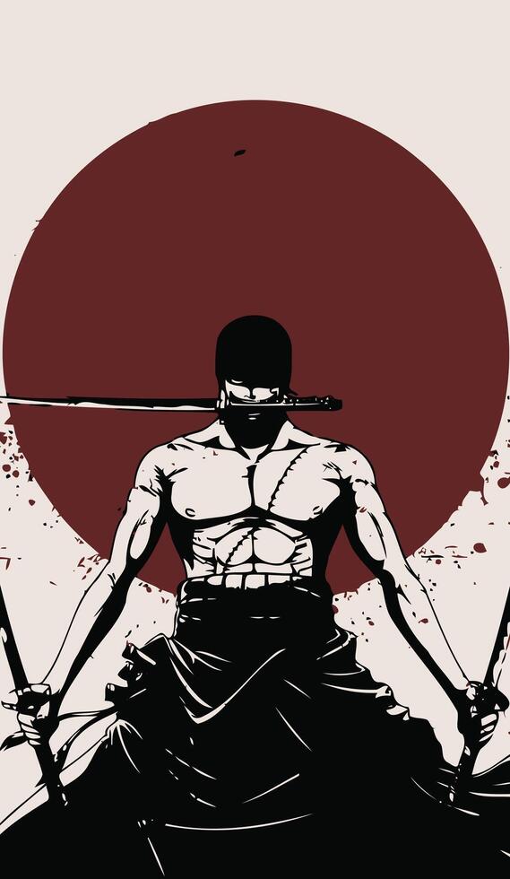 A man stands with a sword, silhouetted against a striking red sun in the background vector