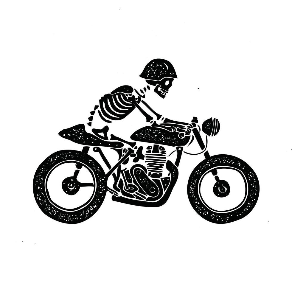 A black and white image of a skeleton confidently riding a motorcycle, showcasing a unique and edgy aesthetic vector