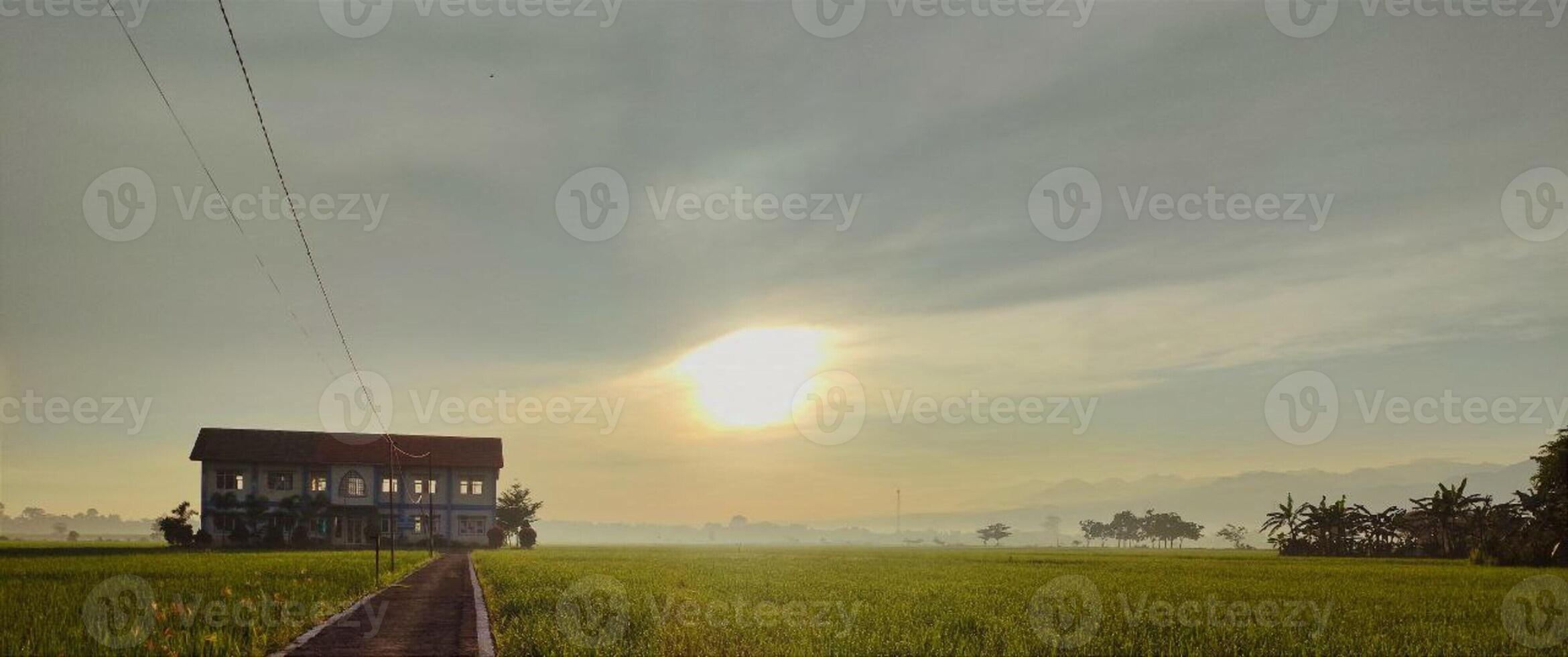 Rural Sunrise with a House and Rice Fields photo