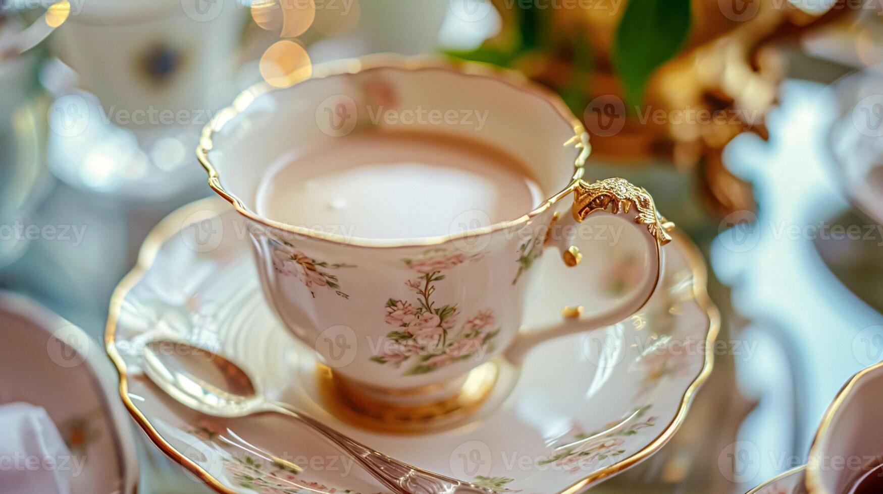 Elegant table setting for tea party with cakes and cupcakes in English manor. Vintage style. photo
