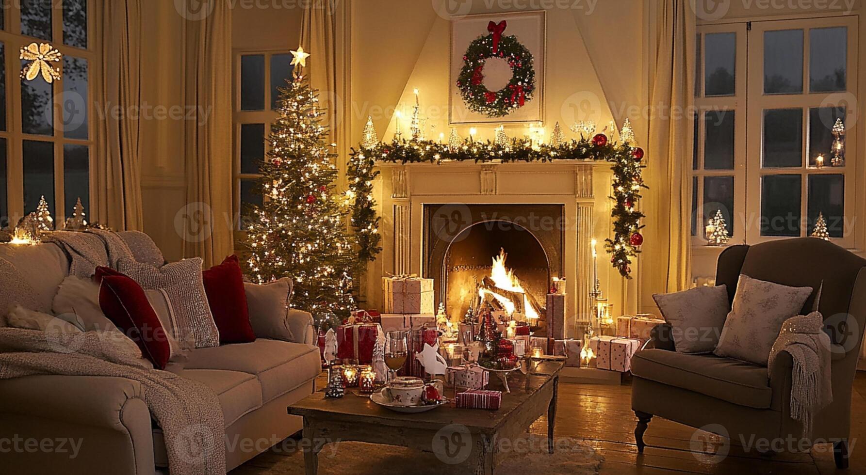 Living room interior with Christmas tree, holiday decorations and fireplace photo