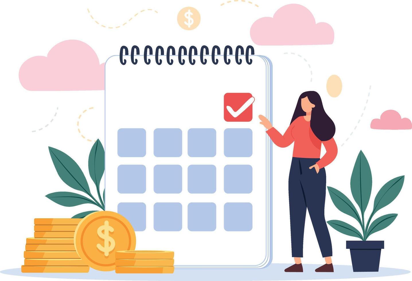 woman marks calendar for investment planning with coins and plants vector