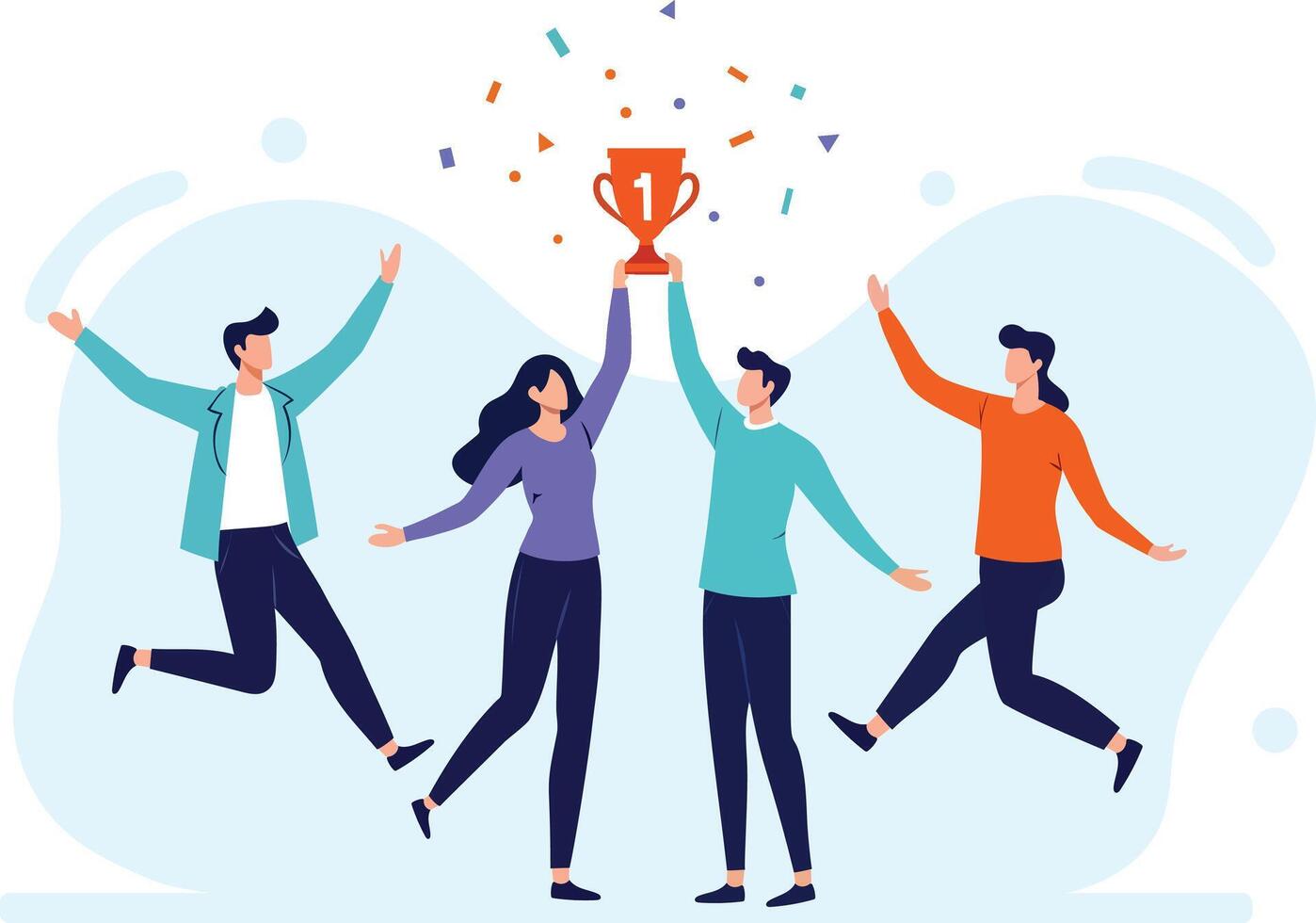 Celebrating teamwork and success, group of four people joyfully holds trophy vector