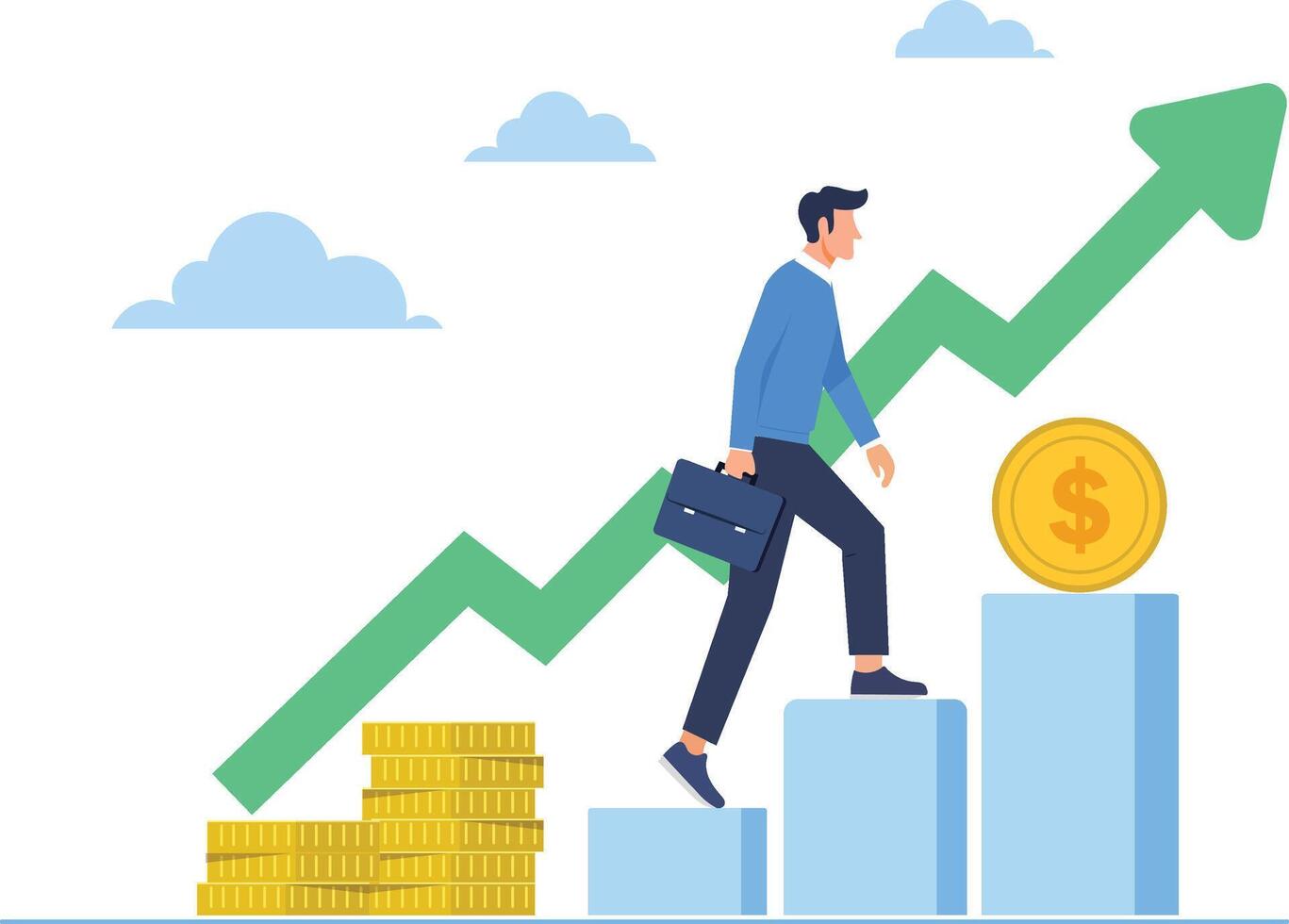 Financial success illustration with man climbing steps towards growth vector