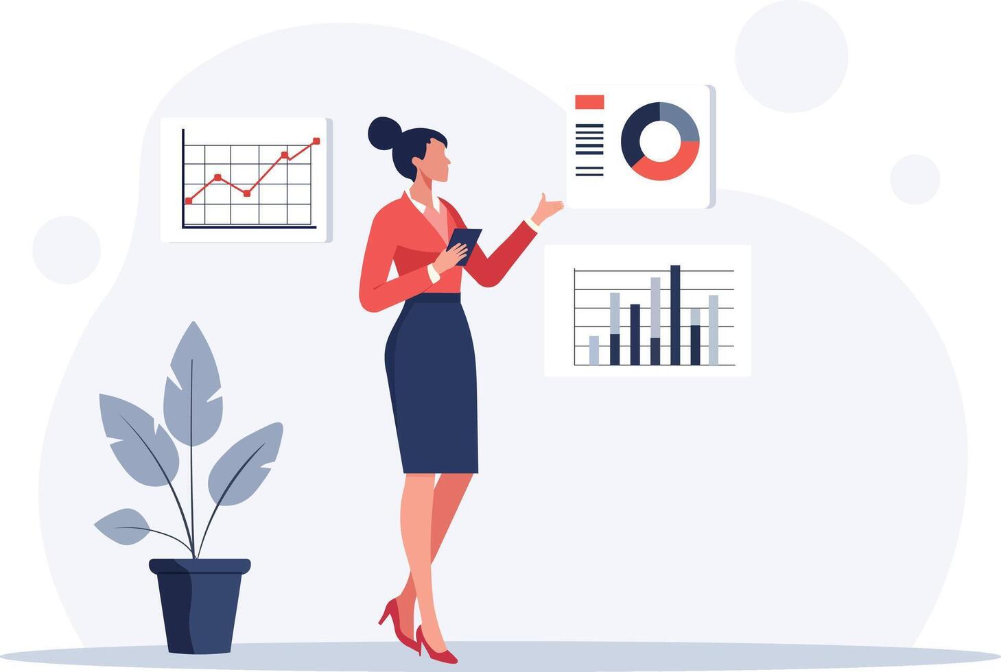 businesswoman in red blouse and skirt stands confidently, holding smartphone while analyzing charts and graphs on wall. scene conveys professionalism and focus vector