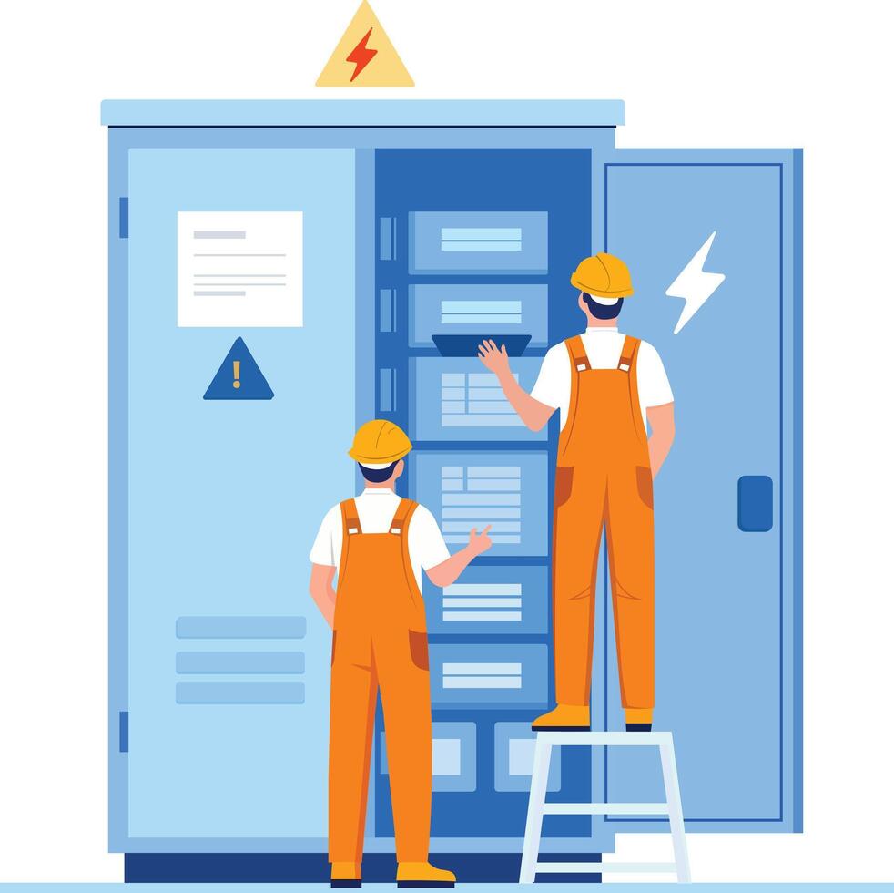 Electricians working on electrical panel, safety gear, and equipment vector