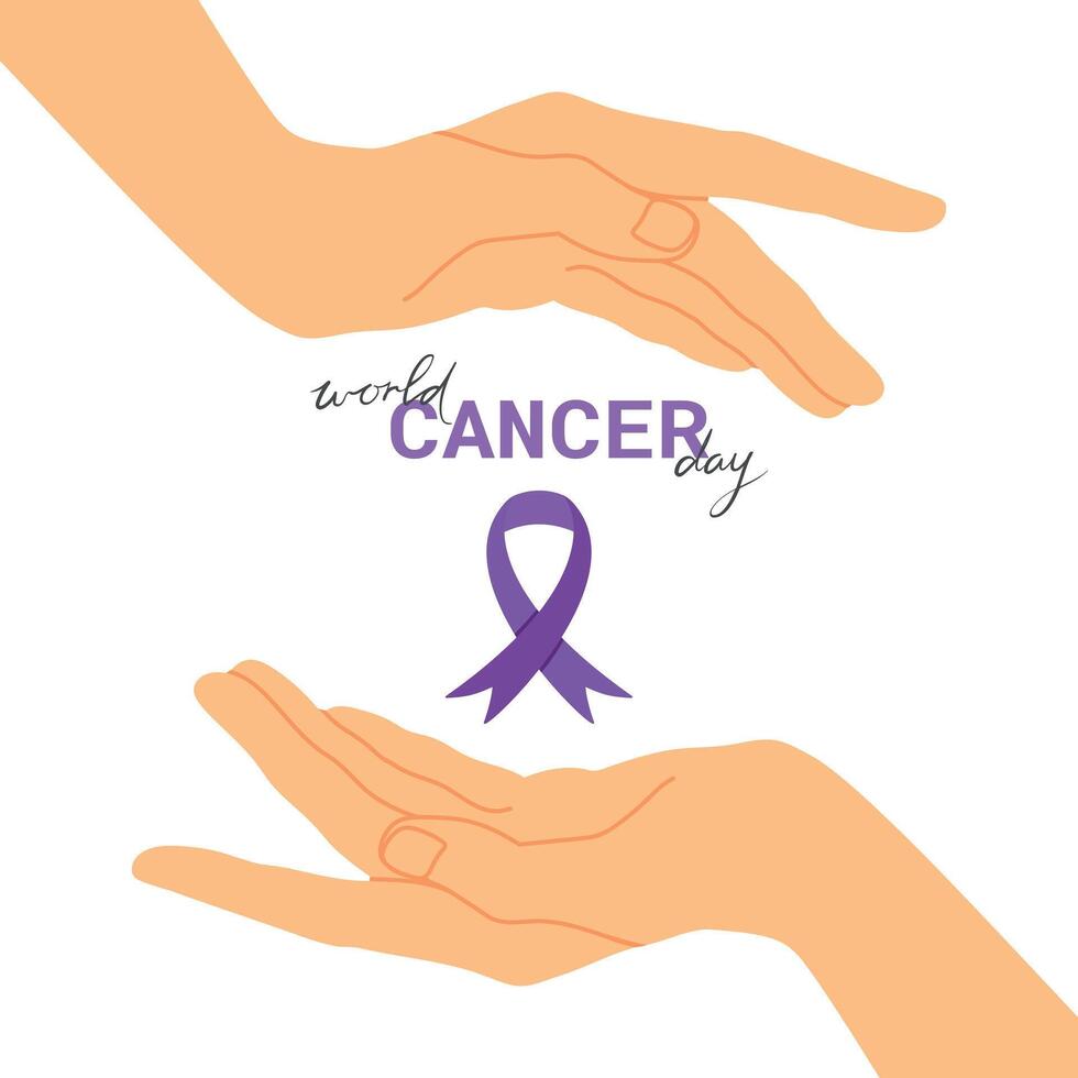 World Cancer Day February 4th. Purple ribbon between two hands vector