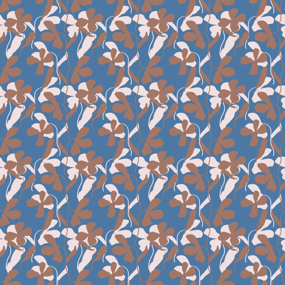 Trendy seamless pattern with brown and beige silhouettes of flowers on a blue background.Endless floral ornament for fabric, wrapping paper, wallpaper and other materials. vector