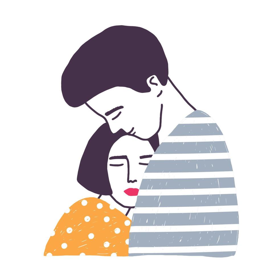 Hugging boyfriend and girlfriend isolated on white background. Man embracing woman. Cute young romantic couple in love cuddling. Hand drawn colorful illustration in flat cartoon style vector