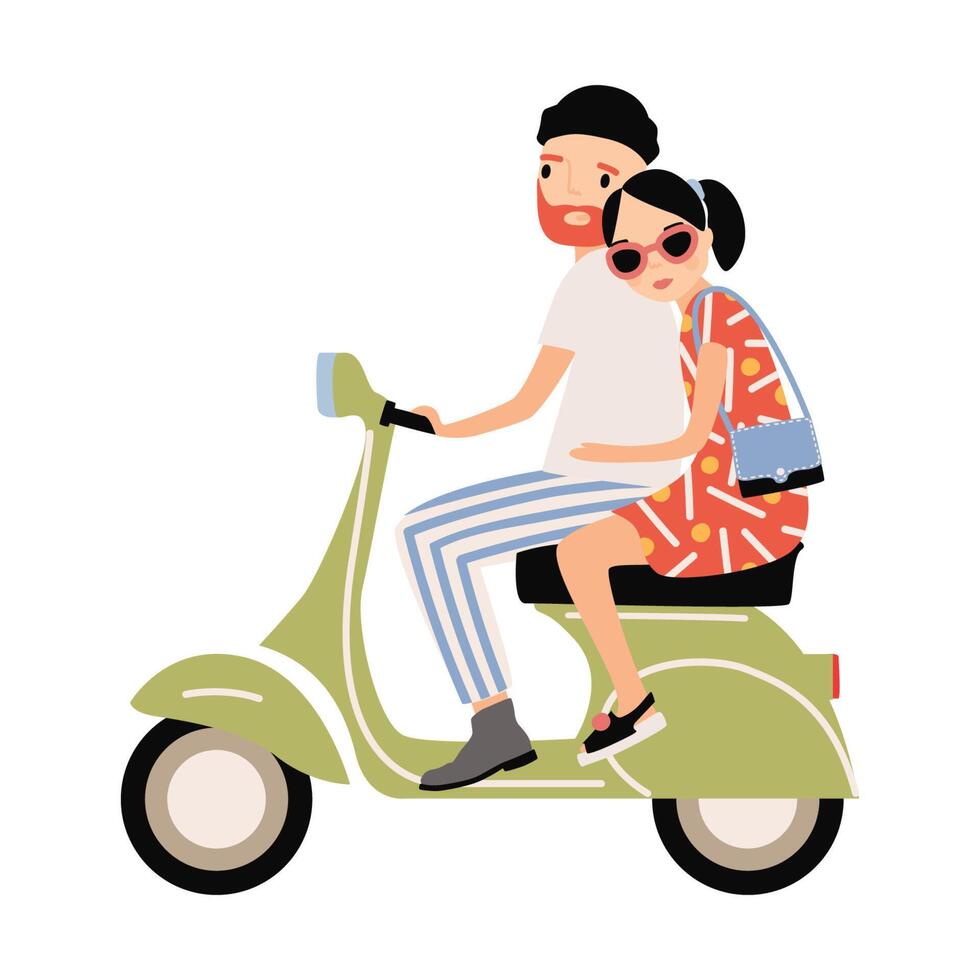 Romantic couple dressed in trendy clothes riding scooter. Young stylish man and woman sitting on modern motor vehicle isolated on white background. Colorful illustration in flat cartoon style vector