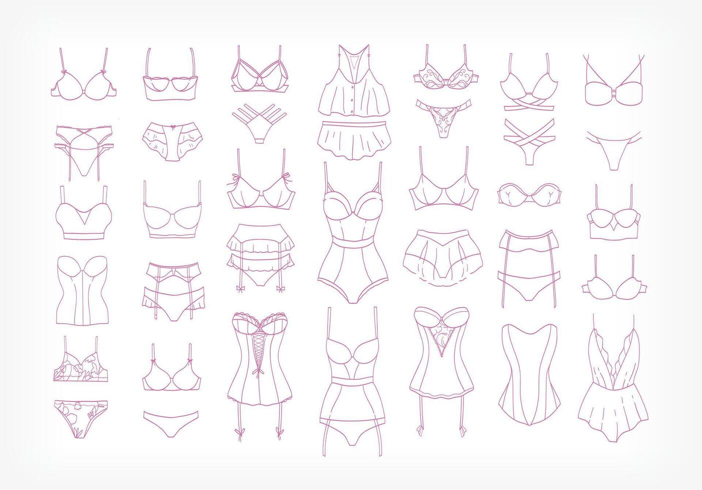 Collection of women's lingerie sets and sleepwear drawn with contour lines on white background. Bundle of elegant and sexy female underwear. Monochrome illustration in modern lineart style vector