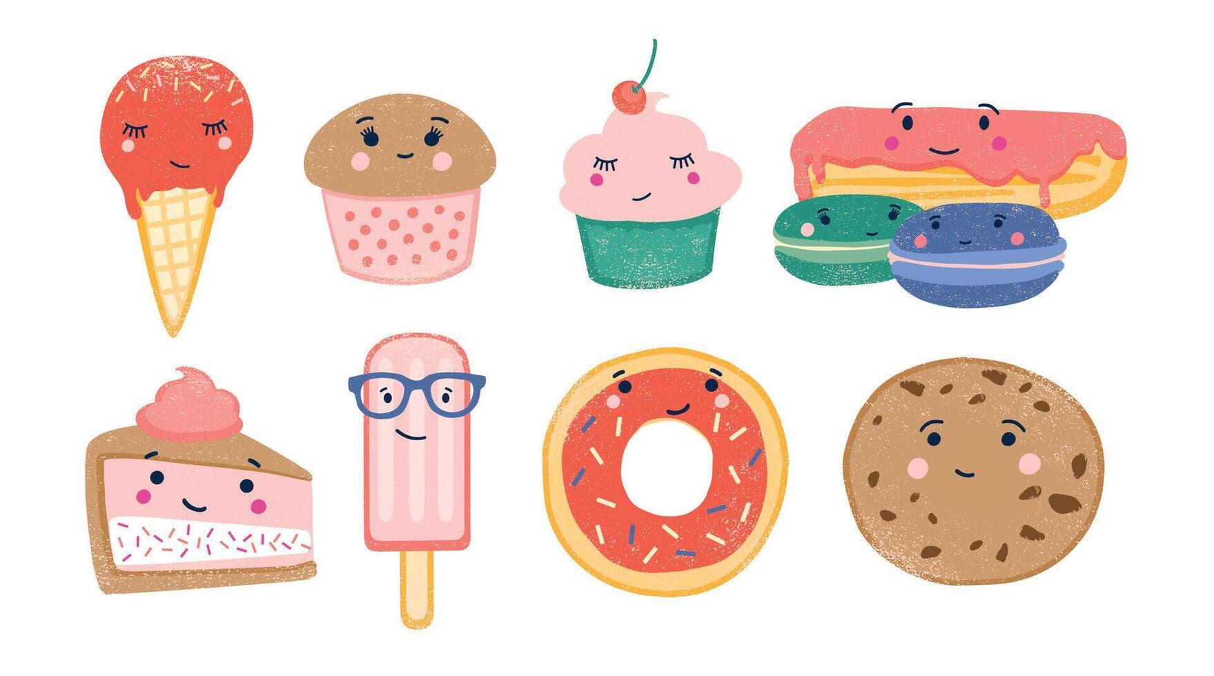 Bundle of various sweet desserts and baked confections with cute smiling faces isolated on white background. Adorable funny cartoon characters. Colorful childish illustration in flat style vector