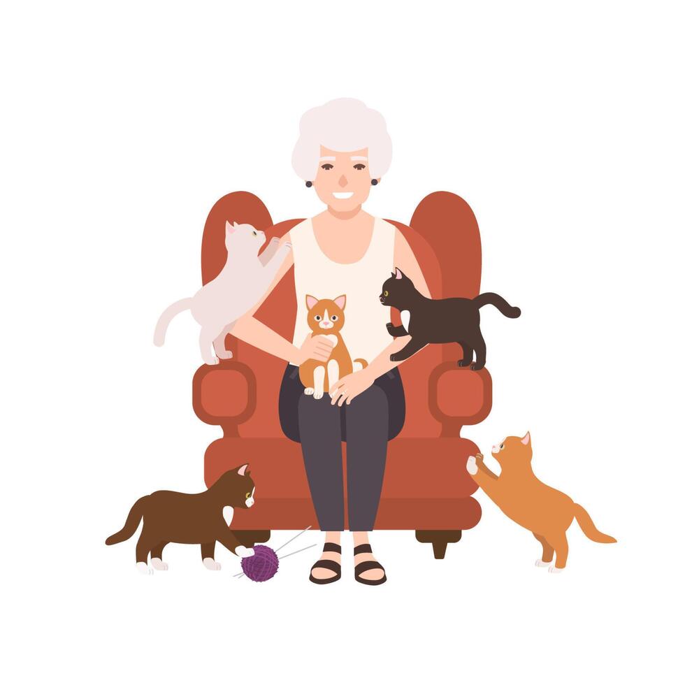 Old happy lady or grandmother sitting in comfy armchair surrounded by cats. Portrait of grandma at home. Smiling female flat cartoon character isolated on white background. illustration vector