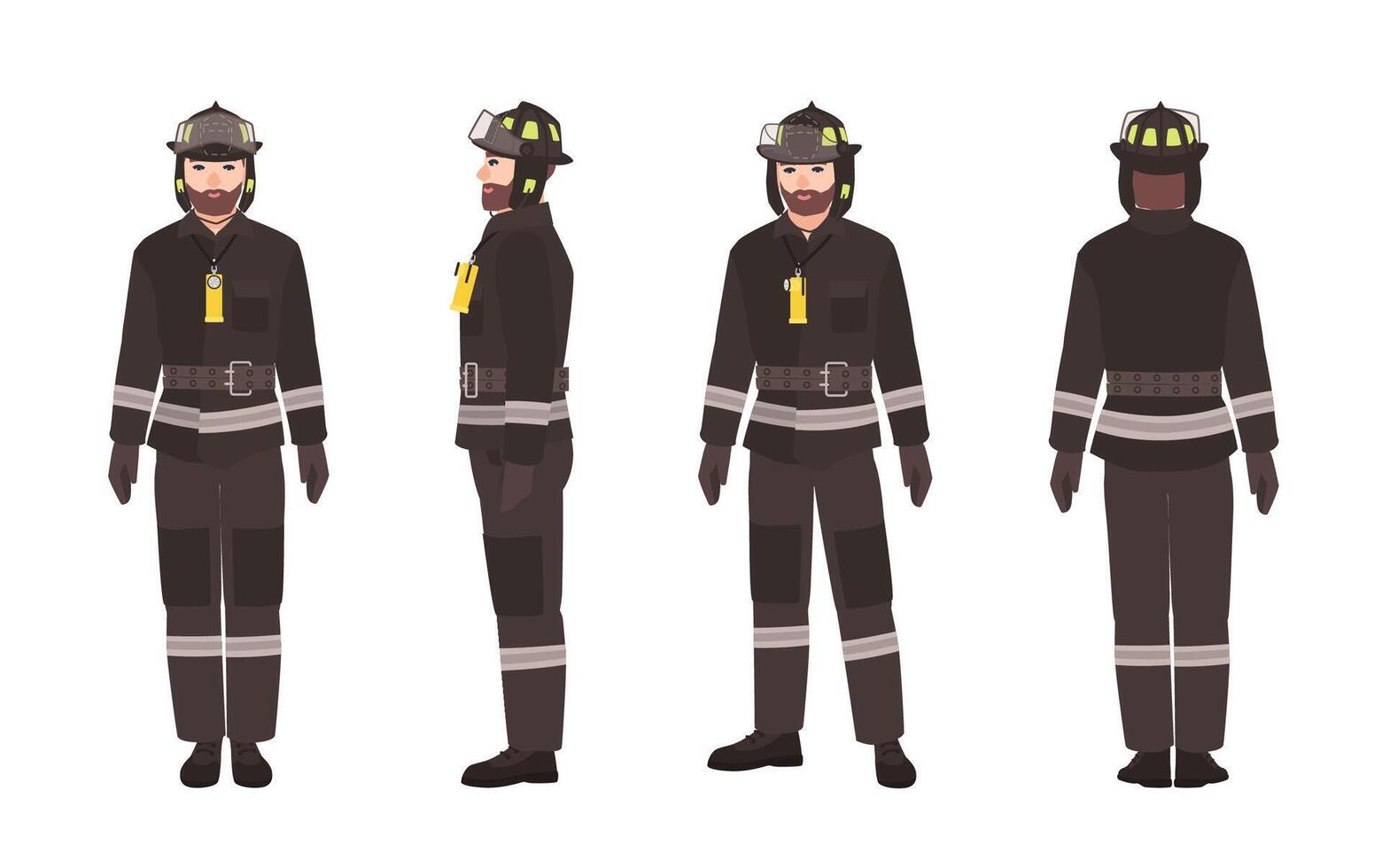 Firefighter or fireman wearing protective clothes or uniform and helmet isolated on white background. Male cartoon character. Front, back and side views. Colorful illustration in flat style vector