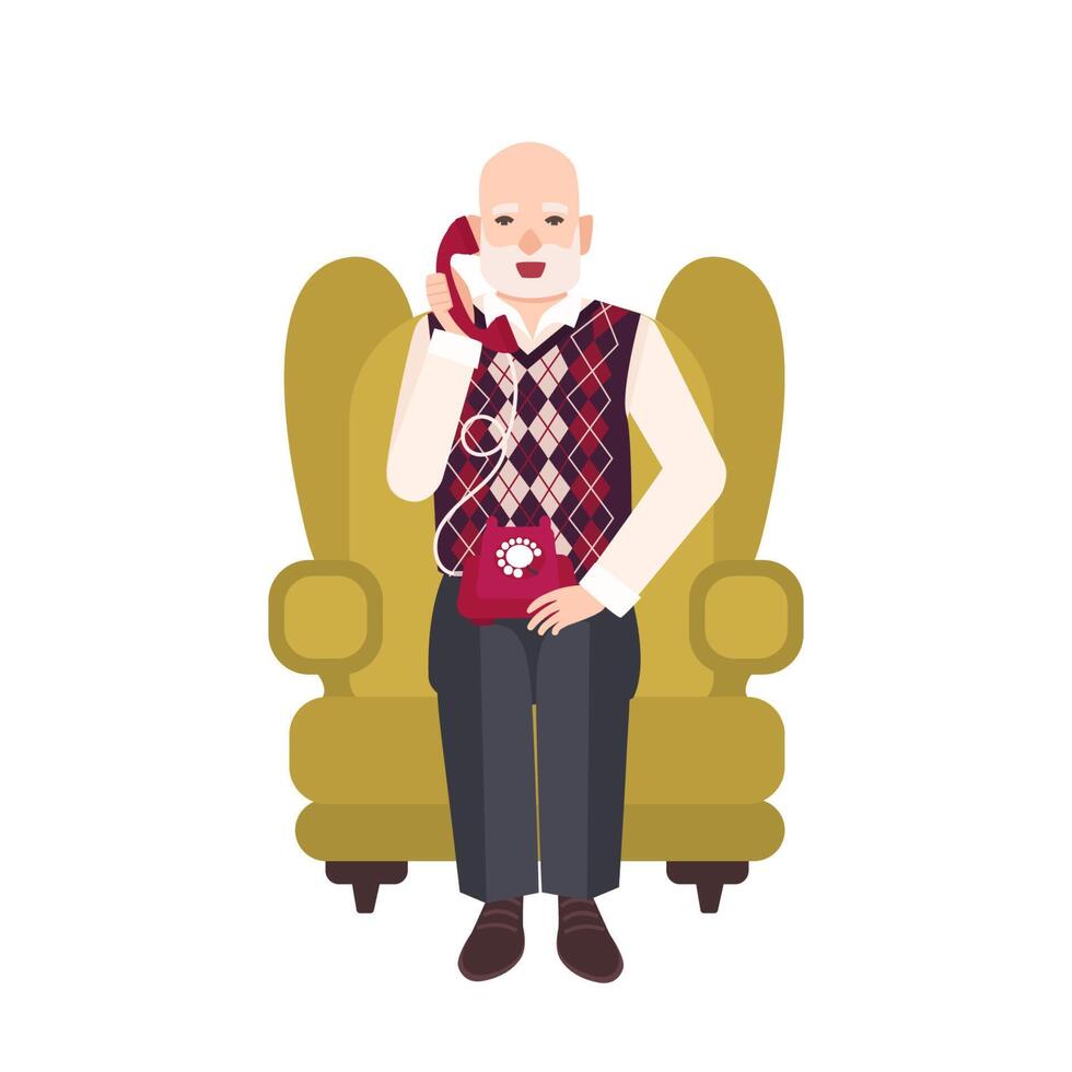 Elderly bearded man sitting in comfortable armchair and talking on phone. Portrait of grandfather at home. Smiling male flat cartoon character isolated on white background. illustration vector