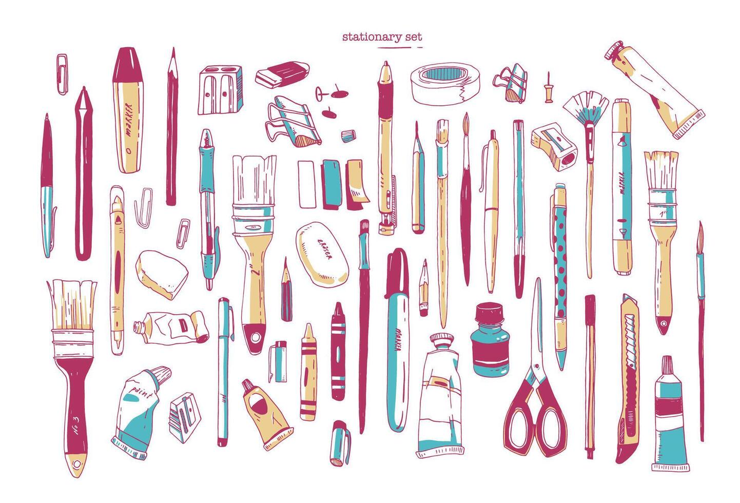 Bundle of hand drawn stationery or writing utensils. Set of writing and art supplies isolated on white background - brush, pen, pencil, marker, utility knife, sharpener. illustration vector