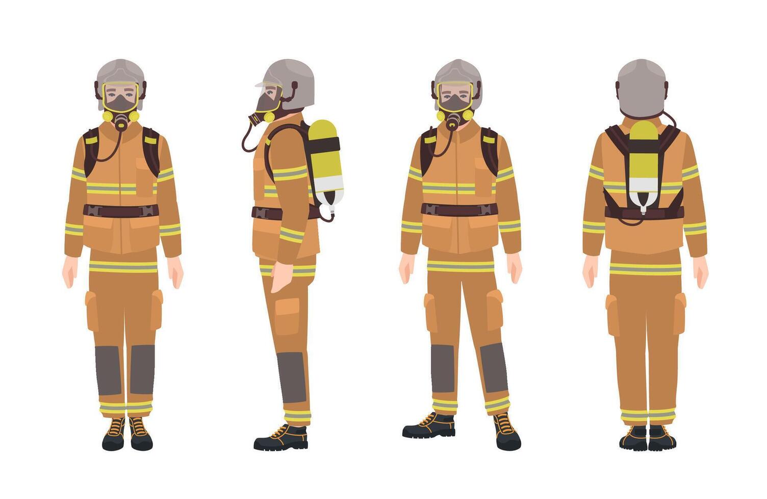 Firefighter or fireman wearing protective gear or uniform, helmet, breathing apparatus and air cylinder. Male cartoon character isolated on white background. Colorful flat illustration vector