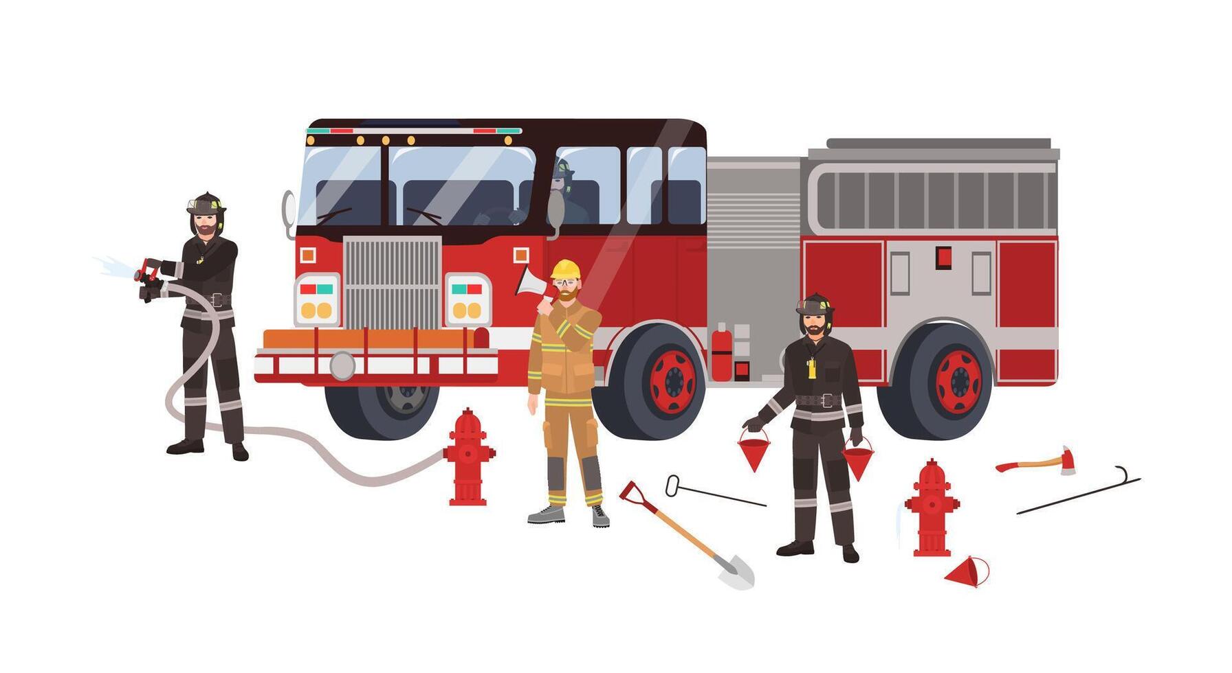 Firefighters or firemen wearing protective clothes or uniform, fire engine and firefighting equipment - fire hydrant with hose pipe, shovel, pike pole, axe, buckets. Flat cartoon illustration vector
