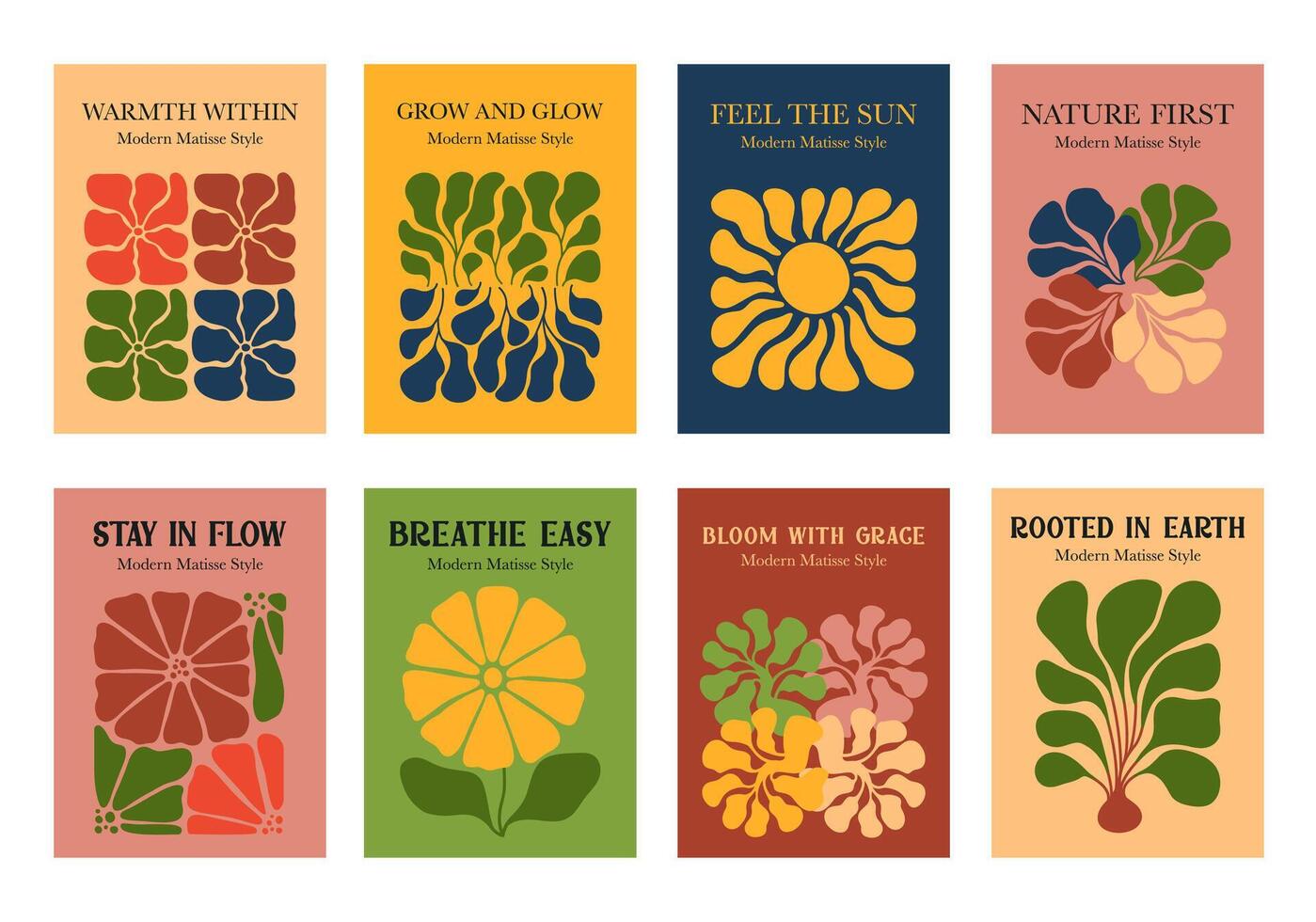 Set of art posters with Matisse Curves in doodles. Minimal Colorful Botanical and Groovy Abstract vector