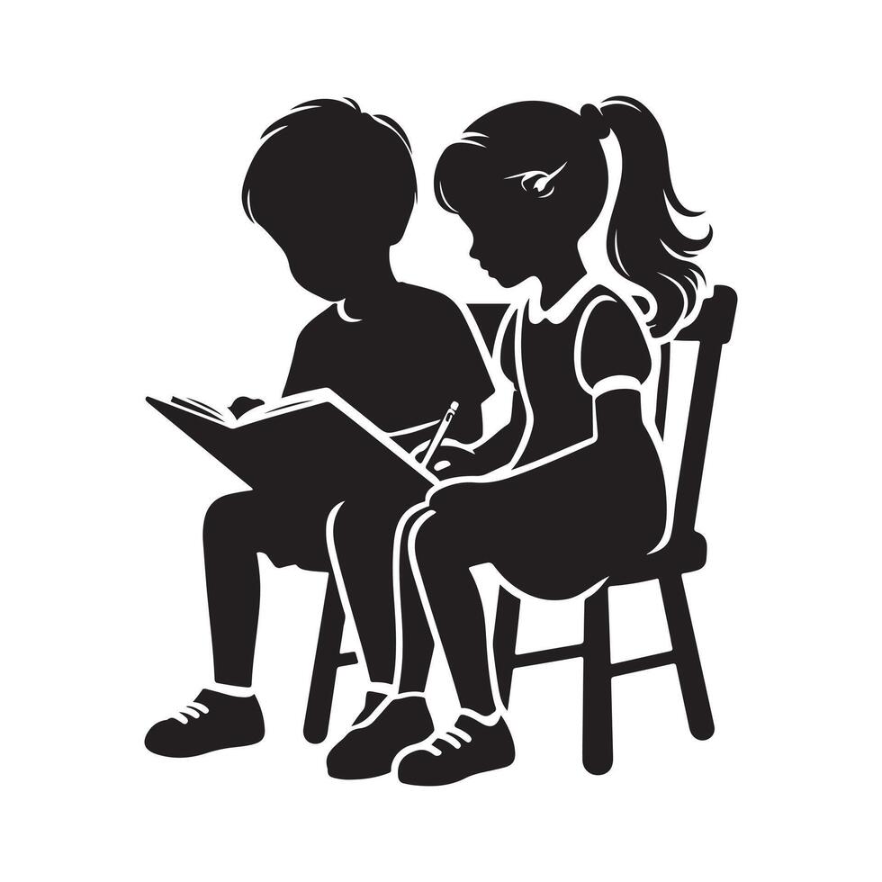 Silhouette of Students Reading and Writing at a Table vector