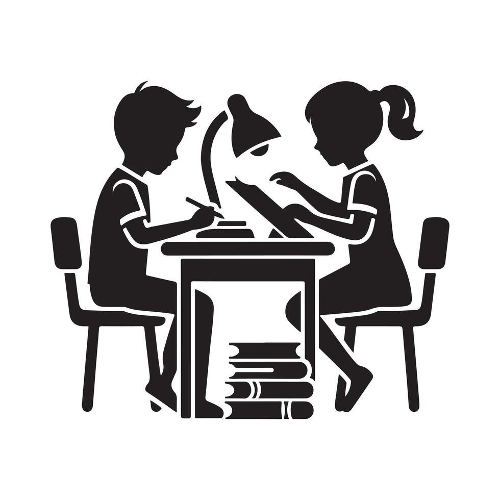 Boy and Girl Studying Silhouette for Learning Themes vector