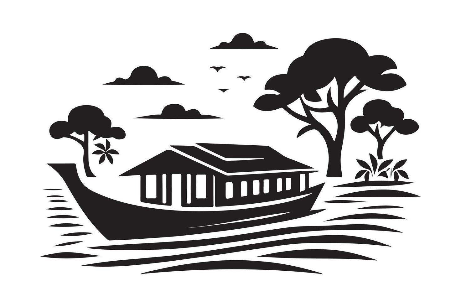 Customizable Houseboat Silhouette Illustrations for Print and Web Media vector