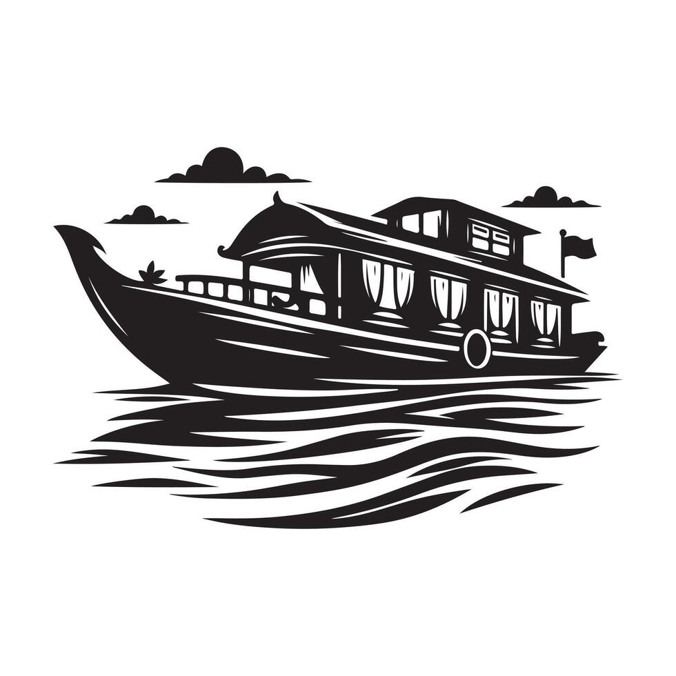 Houseboat Silhouette Illustrations for Adventure, Holiday, and Boating Graphics vector