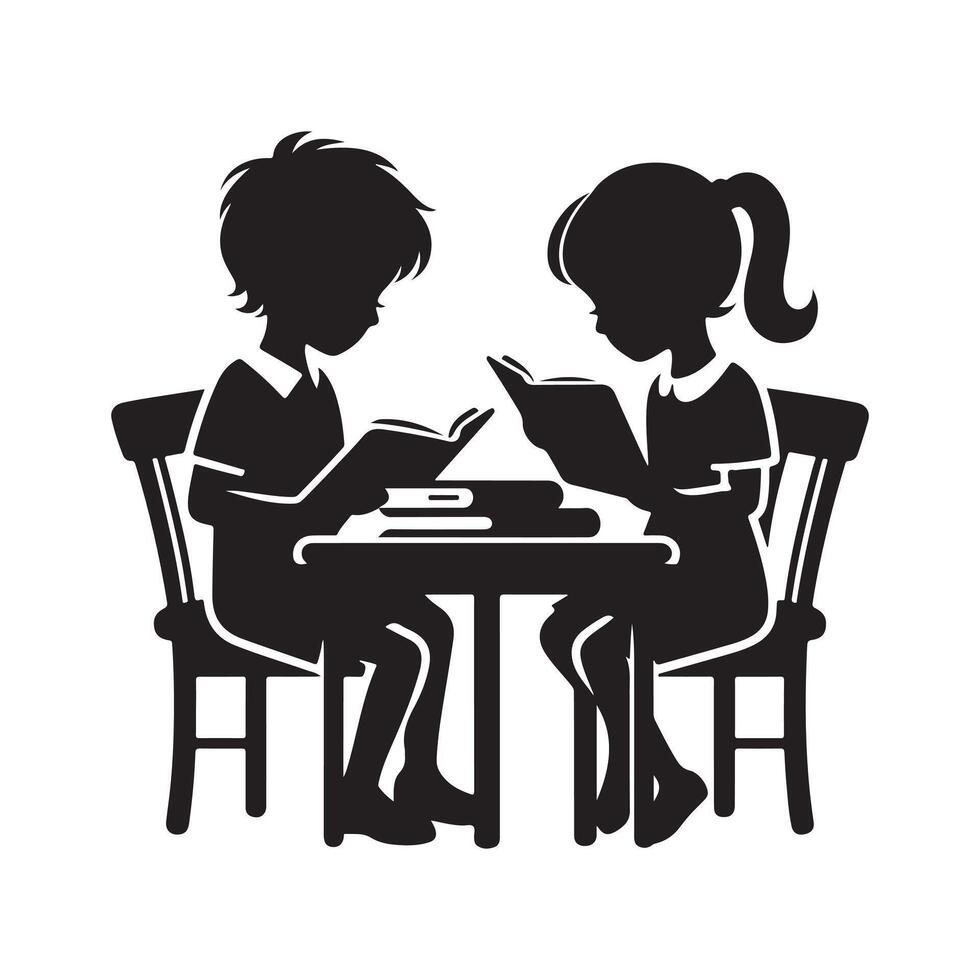 Illustration of Kids Learning Together in Silhouette Style vector