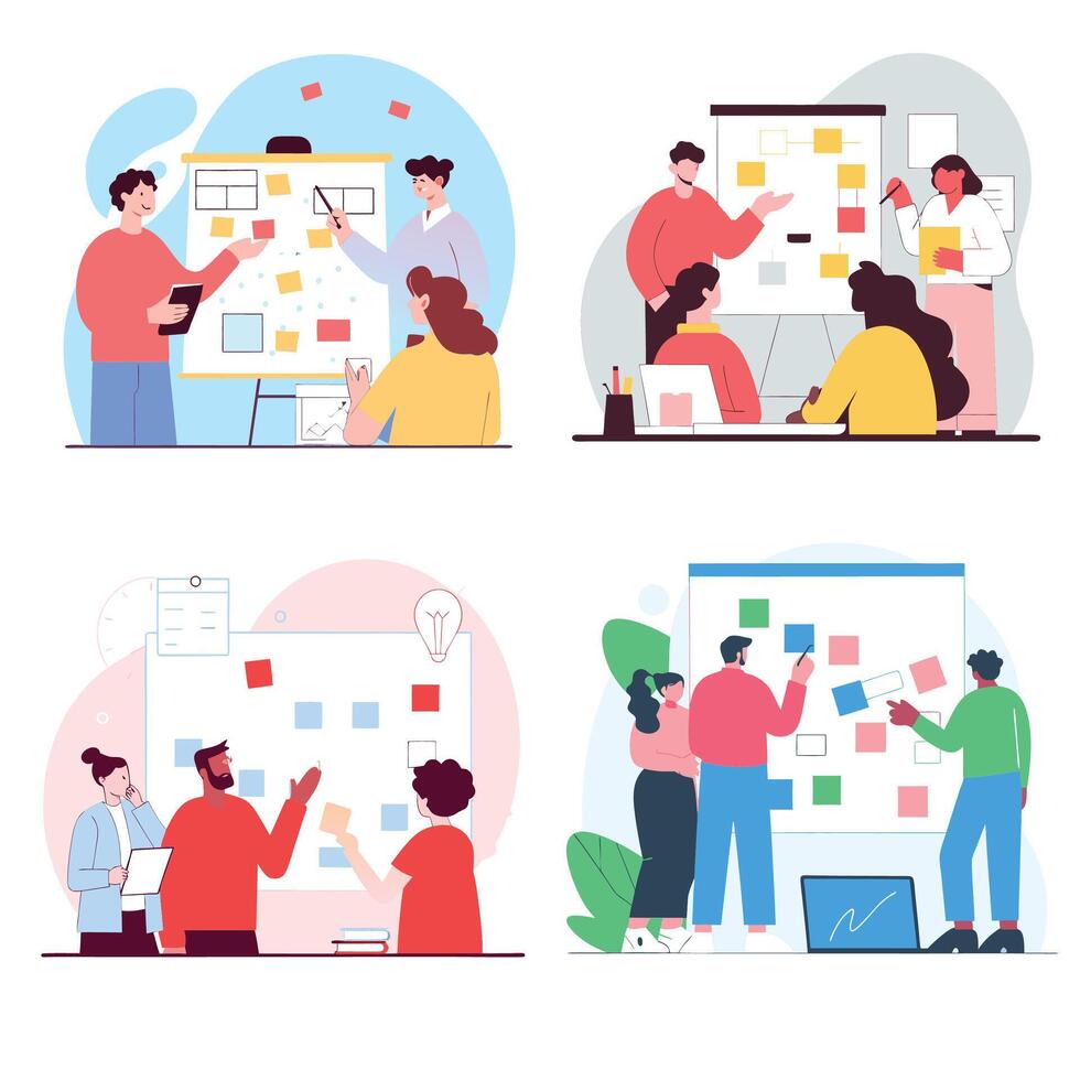 Team collaboration and brainstorming session with a digital Kanban board vector