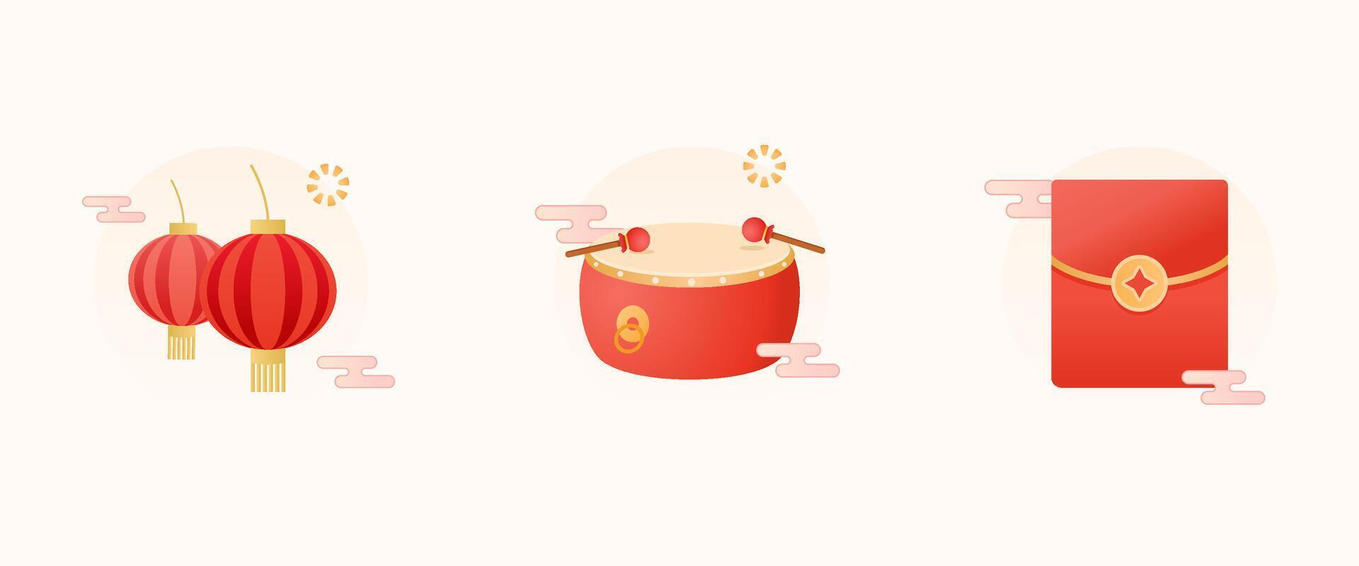 Red lanterns, drum, and red envelope icon set illustration. Symbolize Chinese New Year. suitable for holiday or festive themed designs and decorations. vector