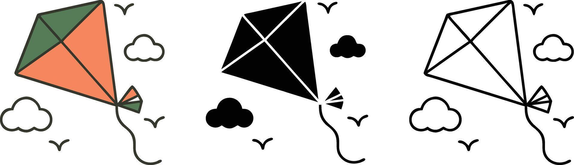 Colorful Kite Designs Flying High, Simple Illustrations, Sky, Clouds, Birds vector