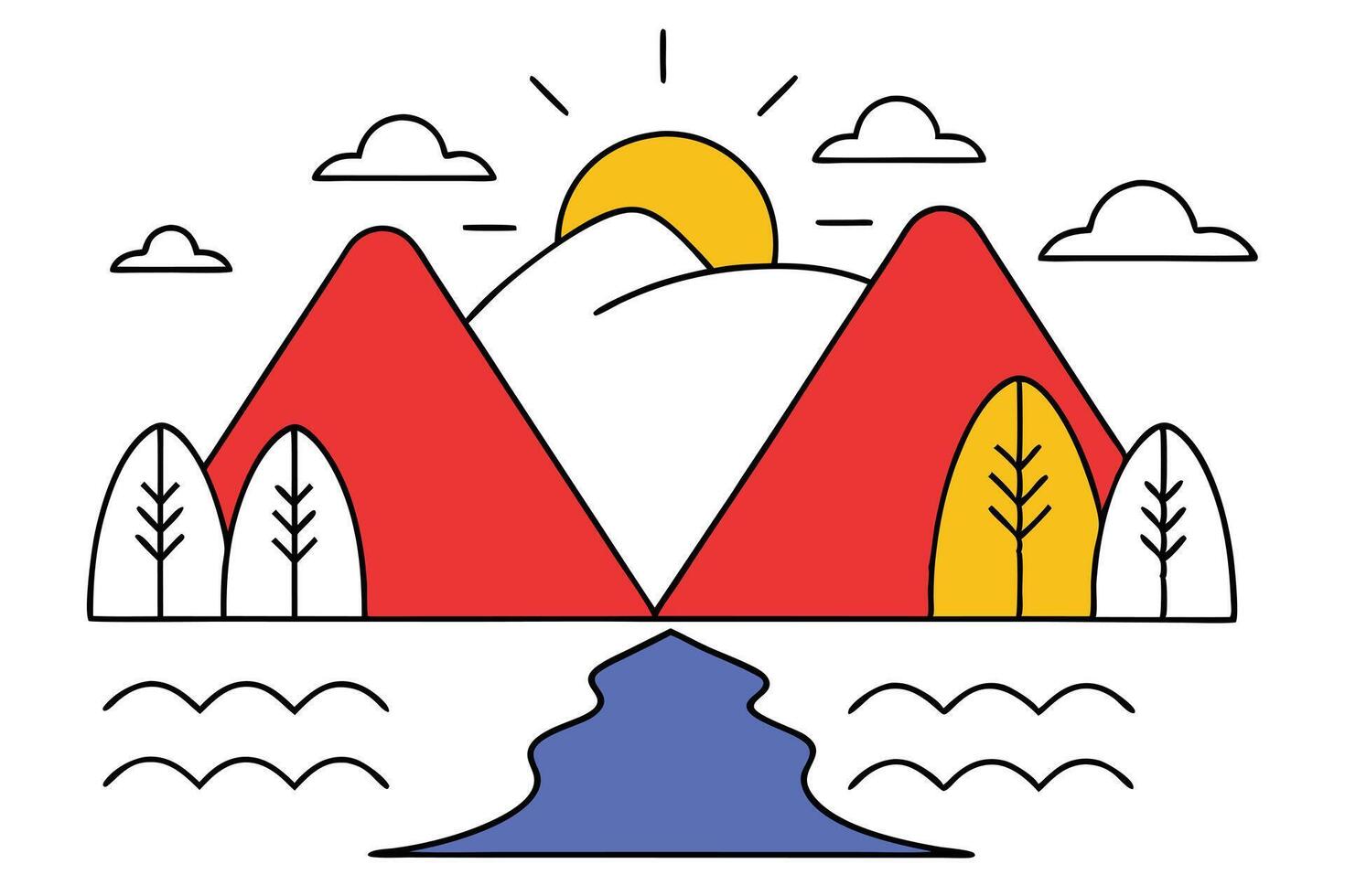 Sunny Mountain Landscape Red Peaks, Trees, River, Clouds vector