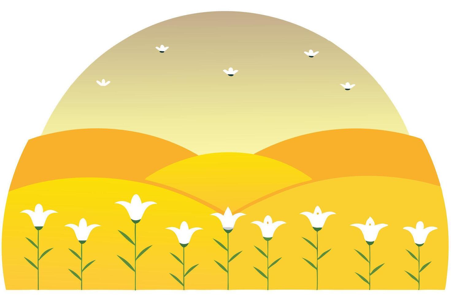 Golden Hills Sunset Landscape with White Flowers Blooming vector