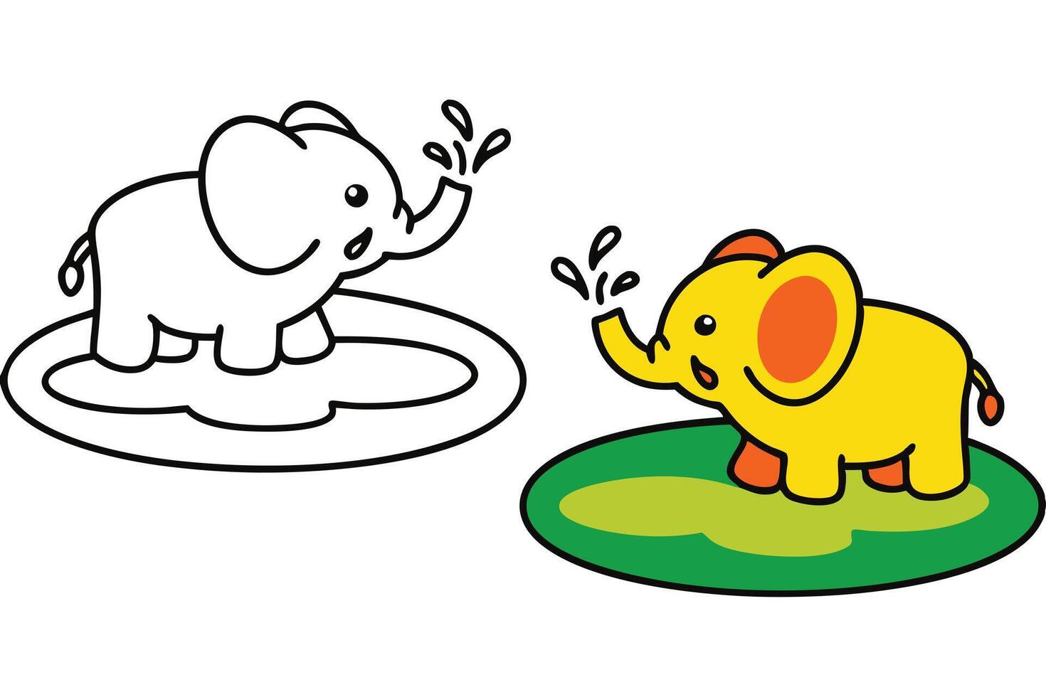 Adorable Baby Elephant Coloring Page Outline and Colored Version vector