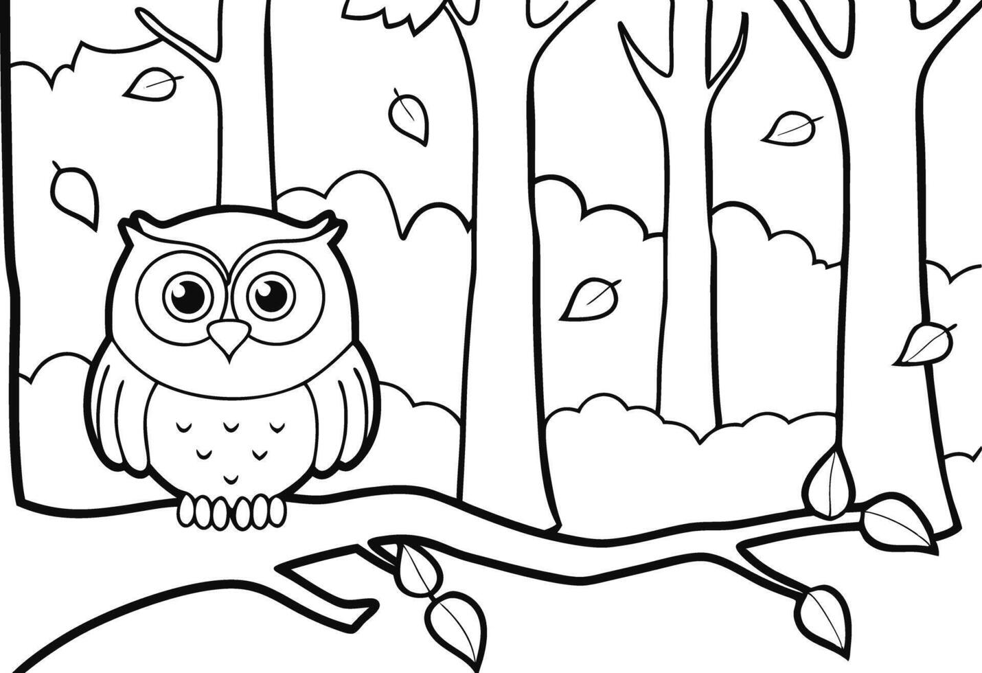 Adorable Owl in Autumn Forest Coloring Page Illustration vector