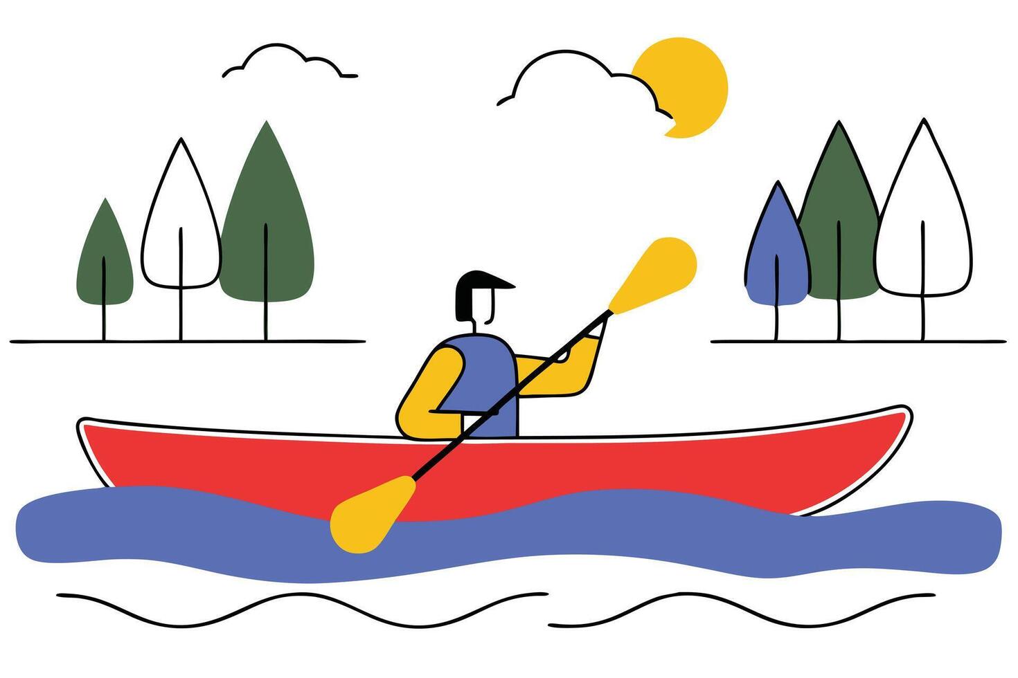 Person Kayaking on Calm Water, Scenic Trees, Sunny Day vector