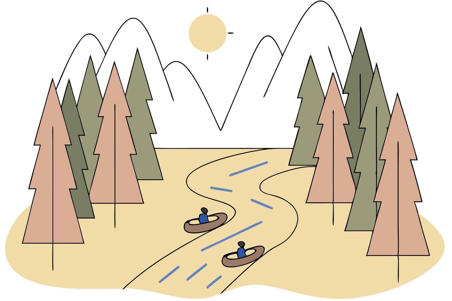 Canoeing Adventure River Journey Through Mountainous Pine Forest vector