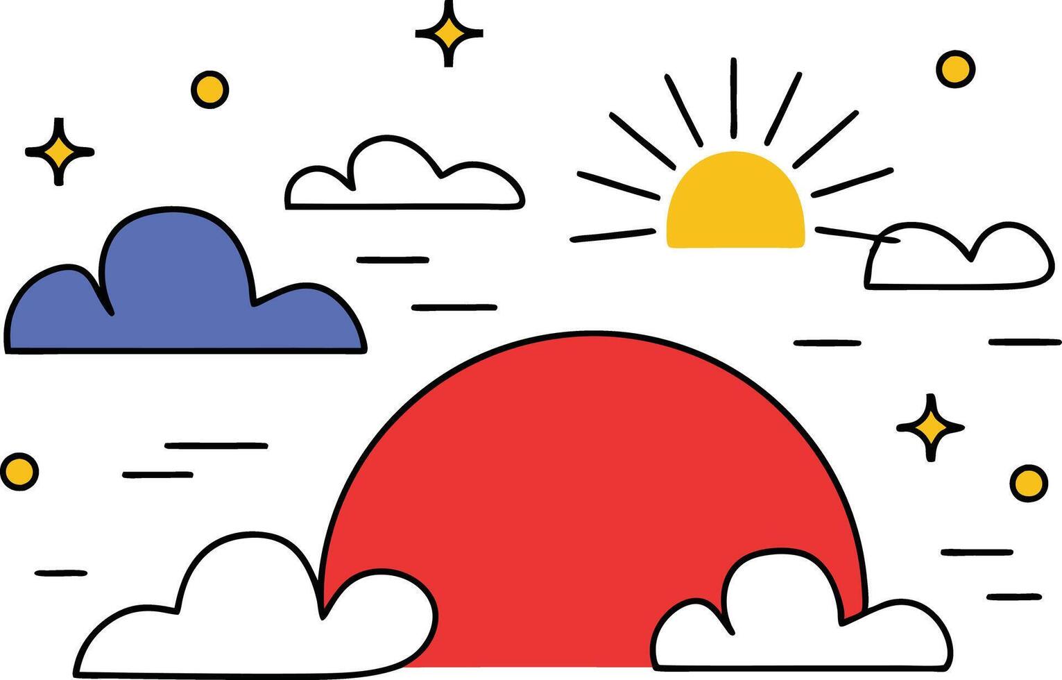 Sunset Sky Colorful Clouds, Sun, Stars, Simple Illustration vector