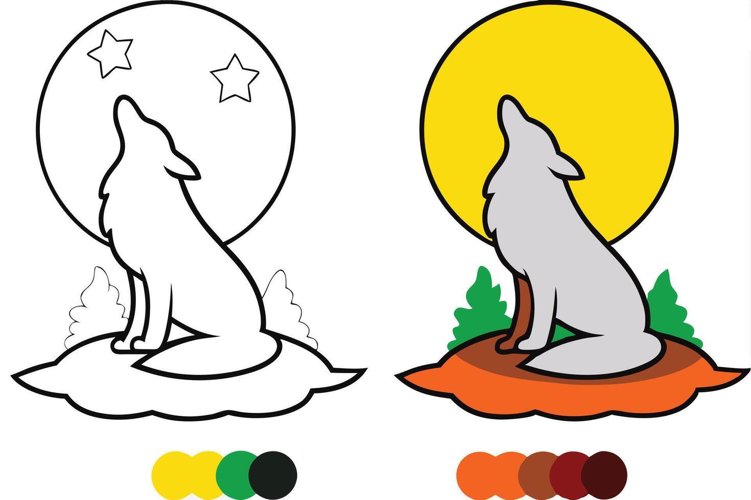 Howling Wolf Moon Coloring Page Night Sky Stars Clouds vector